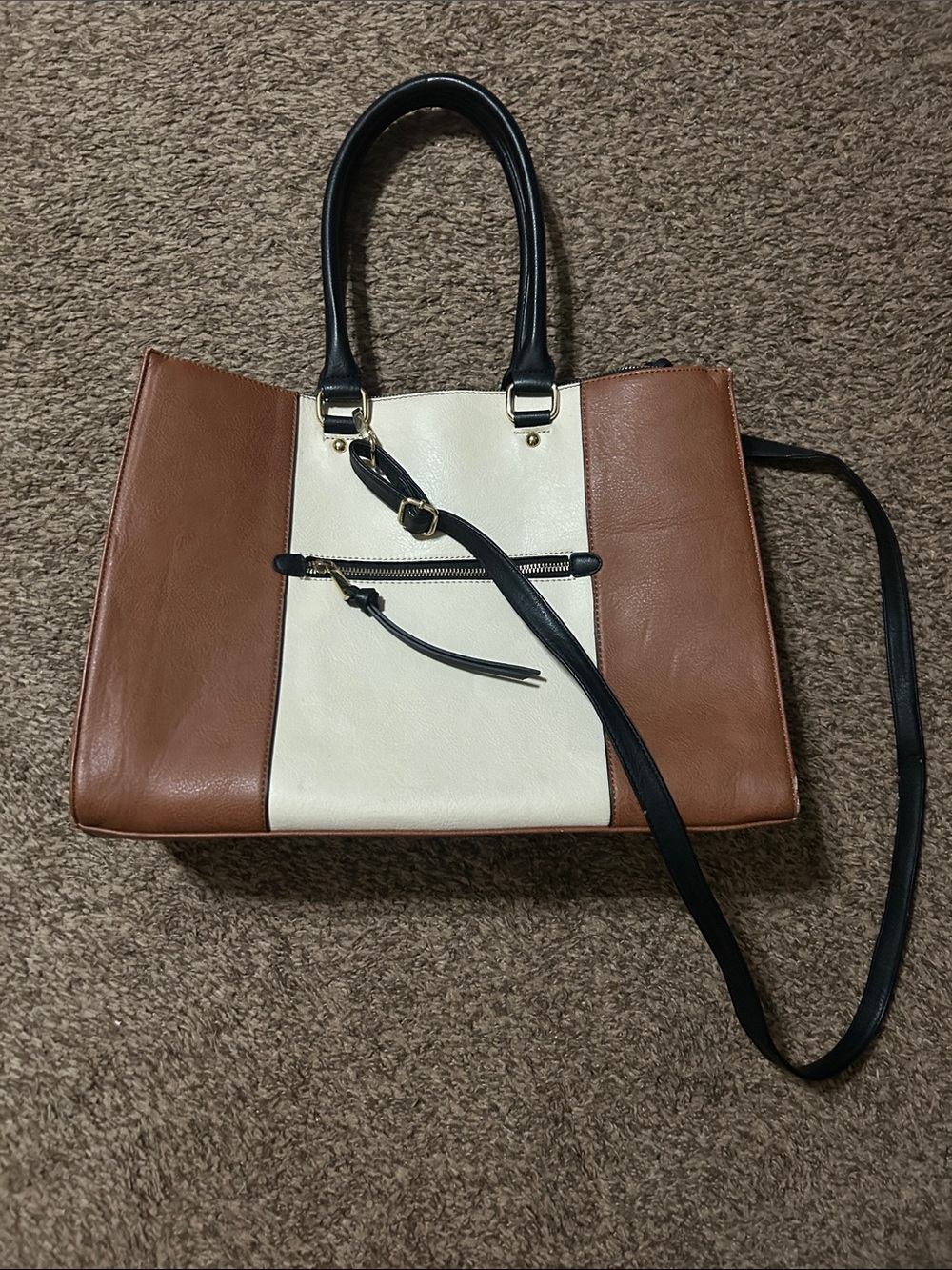 Merona Tri-Color Shoulder Tote in Black, Cream & Brown